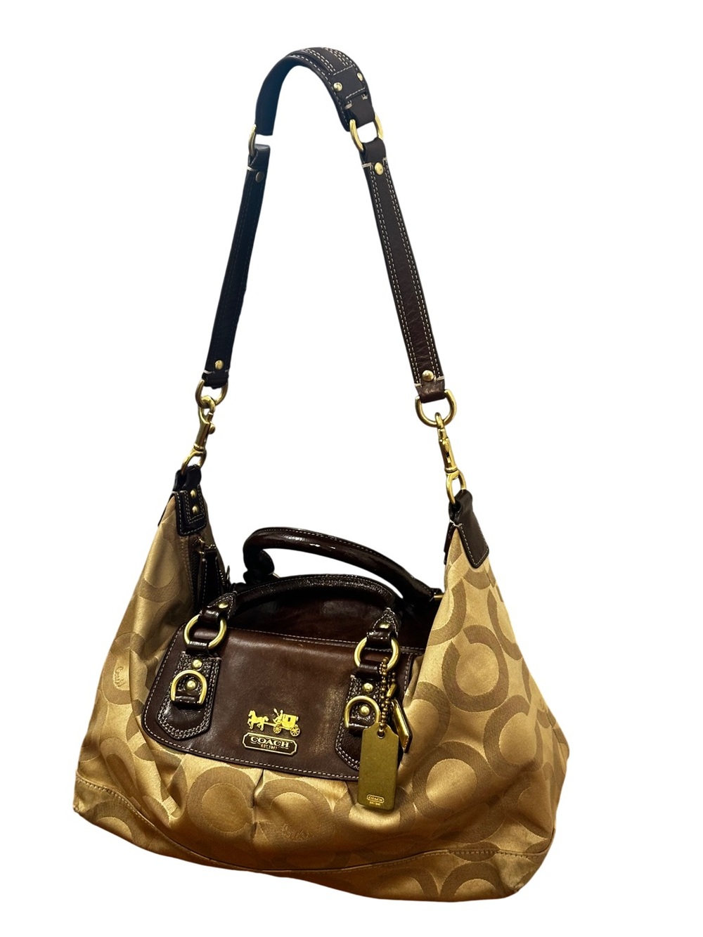 Coach Gold-Tan Signature Canvas Shoulder Bag with Brown Leather Trim